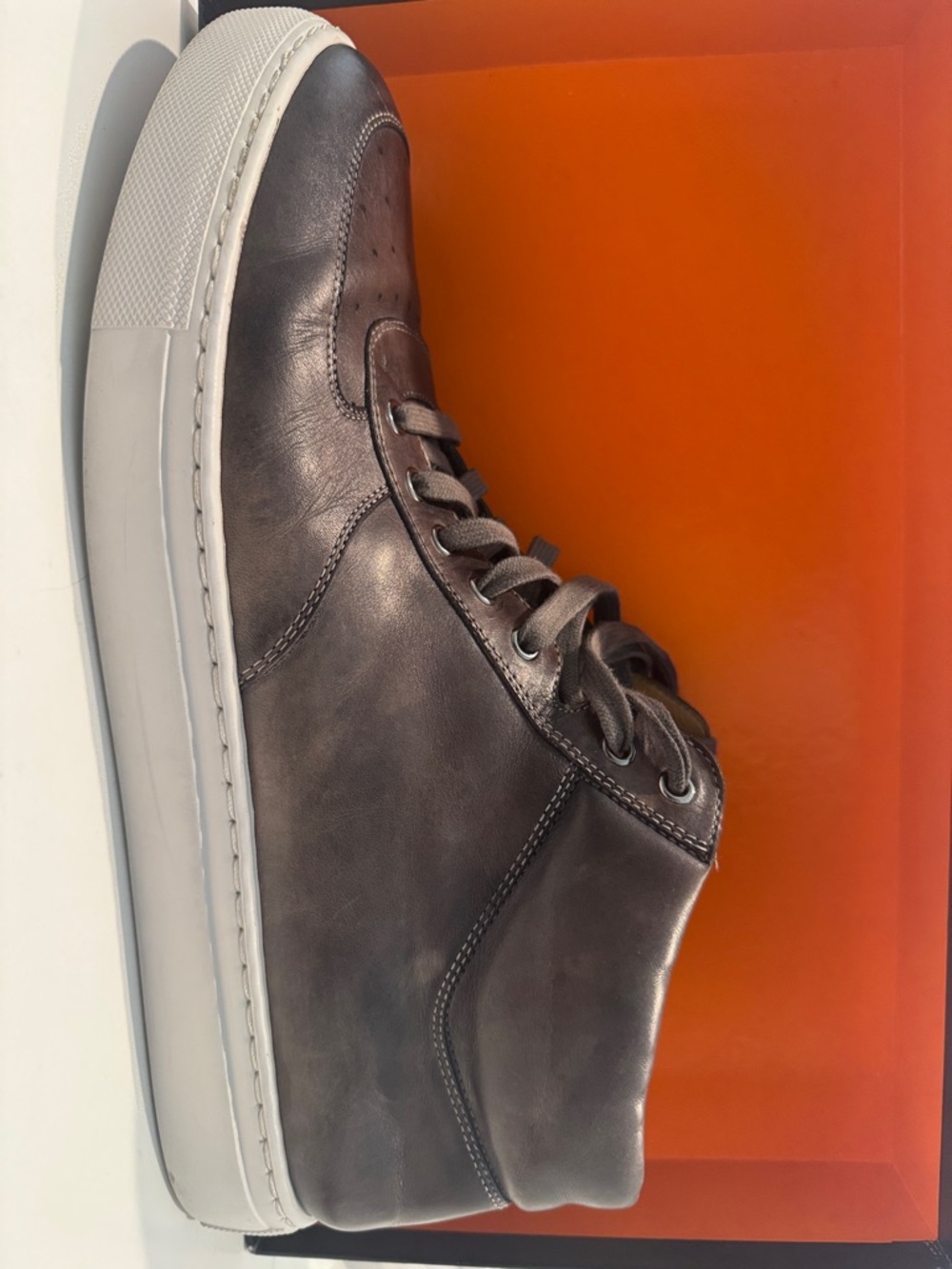 Magnanni Gray-Brown Leather High-Top Sneaker with White Sole